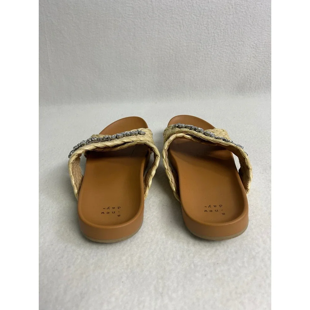 Boho Beachy A New Day Womens 8 Tan Woven Rhinestone Crisscross Slide Sandals